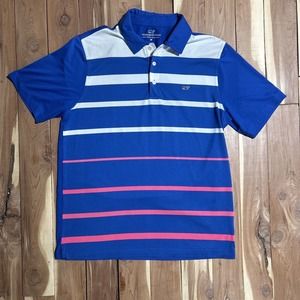 Vineyard Vines Men’s Medium Short Sleeve Poli Blue With White And Pink Lines EUC